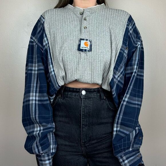 Carhartt Reworked Two Tone Western Long Sleeve Relaxed Plaid Flannel Shirt Top - Picture 3 of 4